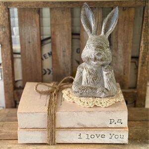 I love you hand stamped bookstack with bunny